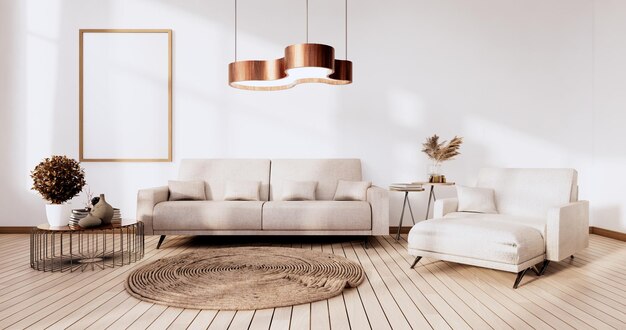 Style loft avec mur blanc sur parquet et fauteuil canapé sur tapis. rendu 3D