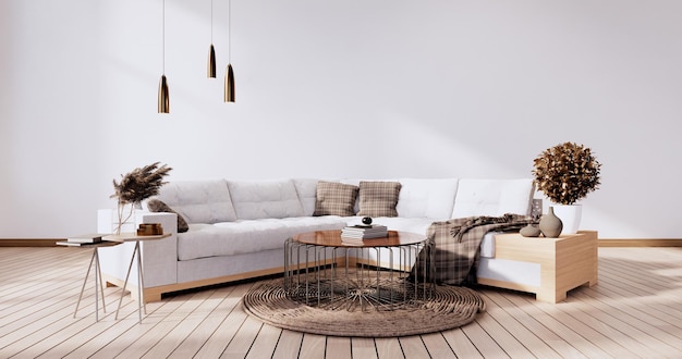 Style loft avec mur blanc sur parquet et fauteuil canapé sur tapis. rendu 3D