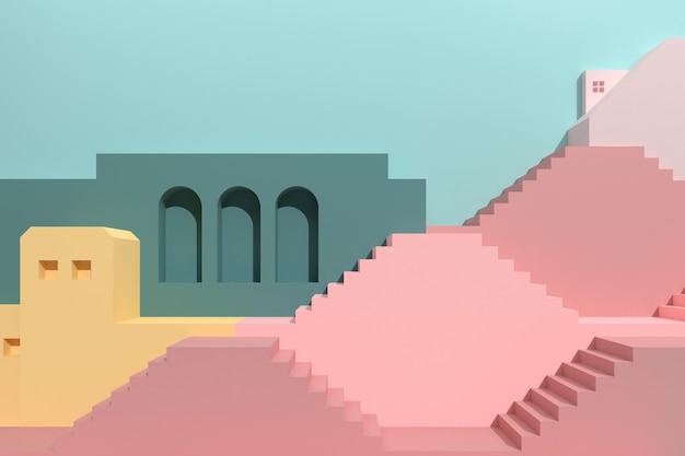 Photo style minimal des bâtiments architecturaux avec escaliers et arches, logement sur fond de couleur pastel, présentation, ombre et ombre. rendu 3d.