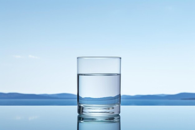 Photo style minimalisme plein un verre d'eau de source pure et propre debout sur le lac miroir et les montagnes