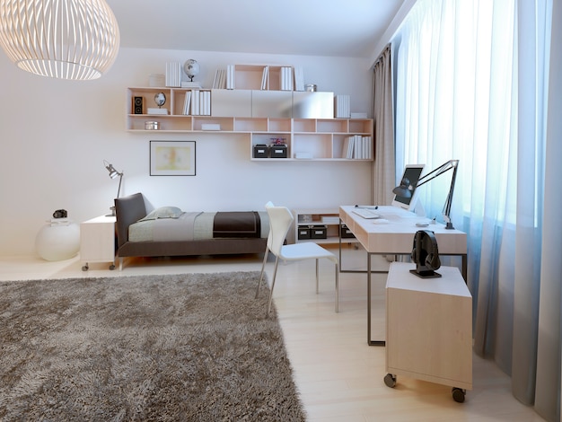 Style minimaliste de chambre d'adolescent avec lit soigné et étagères suspendues et espace de travail.