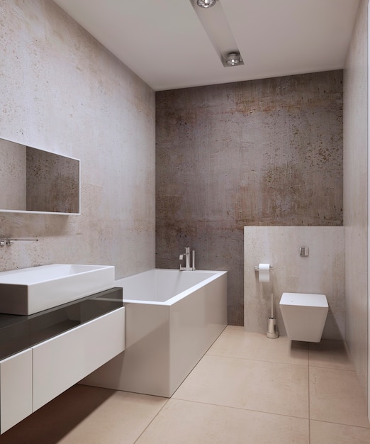 Style minimaliste de salle de bain avec des meubles de couleur blanche et des murs en béton