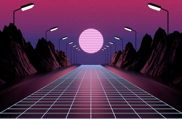 Style néon des années 80, paysage 3d jeu rétro, lumières et montagnes rendu 3d.