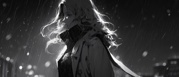 Photo style noir la nuit anime fille chute de neige