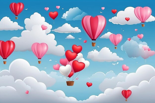 Style papier amour du jour de la Saint-Valentin ballon volant au-dessus du nuage avec le cœur flotte sur le ciel couple lune de miel arrière-plan d'illustration vectorielle