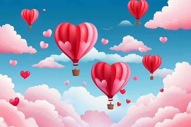 Style papier amour du jour de la Saint-Valentin ballon volant au-dessus du nuage avec le cœur flotte sur le ciel couple lune de miel arrière-plan d'illustration vectorielle