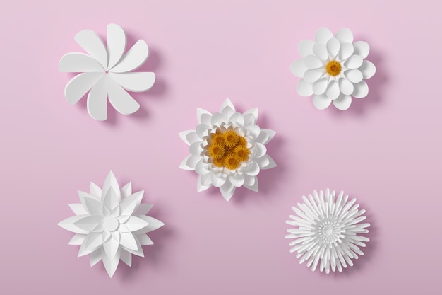 Style de papier fleur blanc, artisanat en papier floral, rendu 3d, avec un tracé de détourage.