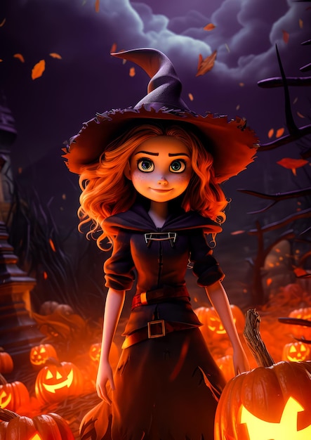 Style de personnage de dessin animé 3d fille sorcière mignonne Halloween avec fond de citrouille pour bannière de potrait