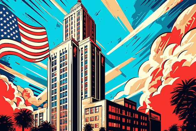 Style pop art d'une ville et d'un drapeau américains