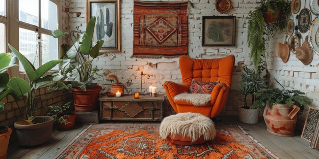 Style scandinave boho dans la chambre intérieure de la ferme avec des meubles en bois naturel