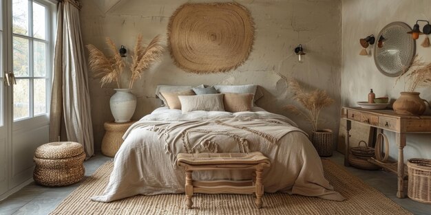 Style scandinave boho dans l'intérieur de la ferme chambre beige avec des meubles en bois naturel