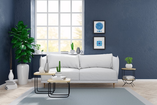 Style scandinave moderne, concept d&#39;intérieur de salon, canapé blanc avec plante sur plancher en bois avec mur bleu grunge, rendu 3D