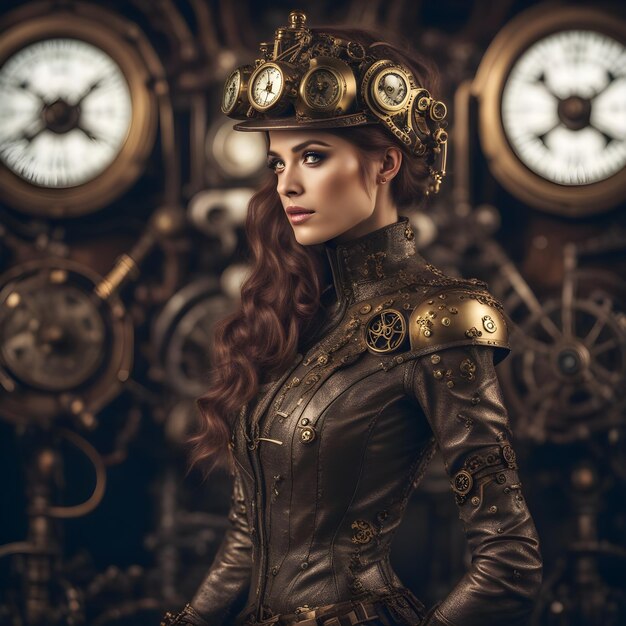 Photo style steampunk d'une femme sexy avec une tenue futuriste avec des horloges sur la tête