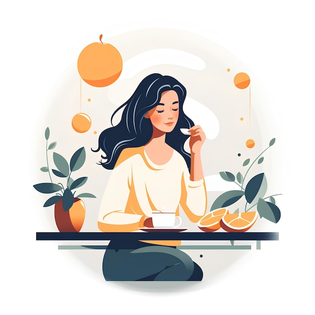 Photo style vectoriel plat minimaliste d'une femme cuisinant et mangeant de la nourriture illustration