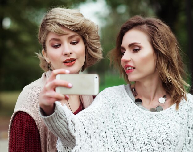 Style de vie bonheur émotionnel et concept de personnes Amis faisant selfie Deux belles jeunes femmes faisant selfie dans le parc d'automne