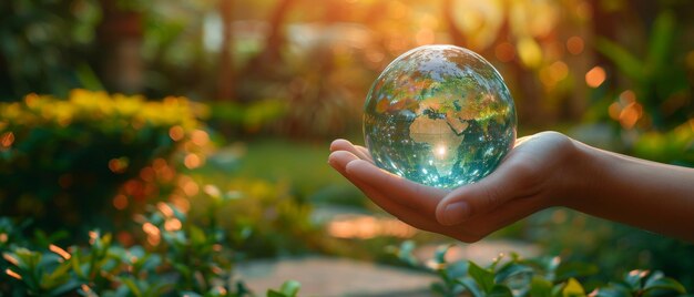 Un style de vie durable et respectueux de l'environnement est dépeint dans cette carte célébrant le jour de la Terre ou le jour de l'arbre. Une boule de verre bleu est tenue par une main humaine sur un fond flou d'arbres verts.