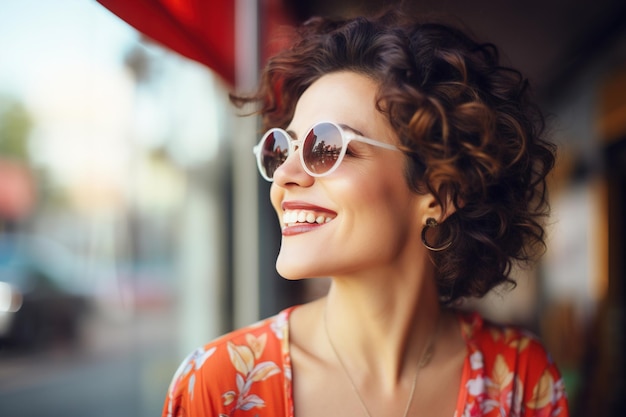 Style de vie d'été adulte heureux femme brune blanche avec des lunettes de soleil regardant loin dans la rue