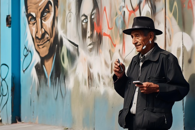 Style de vie de la technologie numérique en Colombie Un portrait d'un vieil homme utilisant un téléphone portable