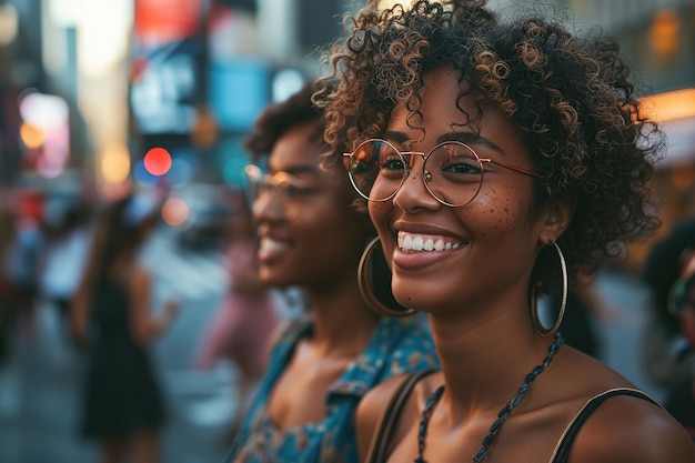 Un style de vie urbain, des amies afro-américaines heureuses qui marchent dans la rue, qui traversent la route.