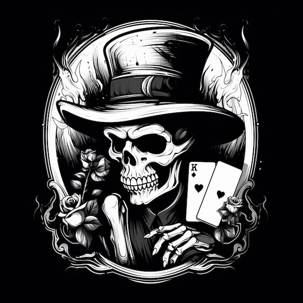 Photo style vintage d'un crâne dans un chapeau de paille avec un cigare et des cartes à jouer dans le style du monochromat