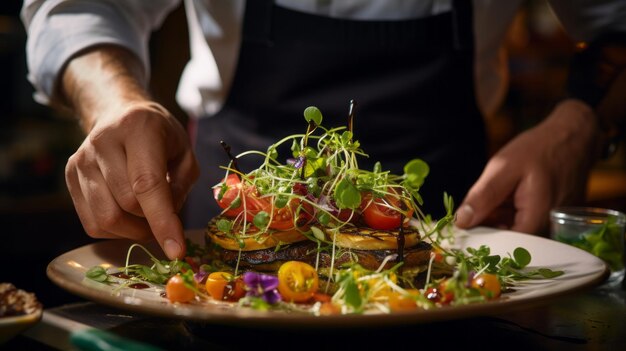 Photo styliste alimentaire décorant des repas pour une présentation dans un restaurant