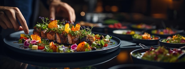 Photo styliste alimentaire décorant des repas pour une présentation dans un restaurant