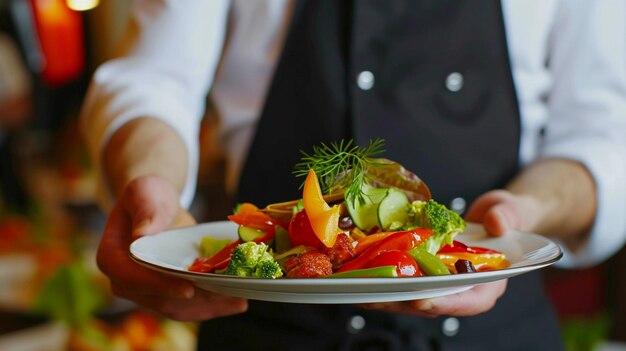 Photo styliste alimentaire moderne décorant un repas pour la présentation dans un restaurant generative ai