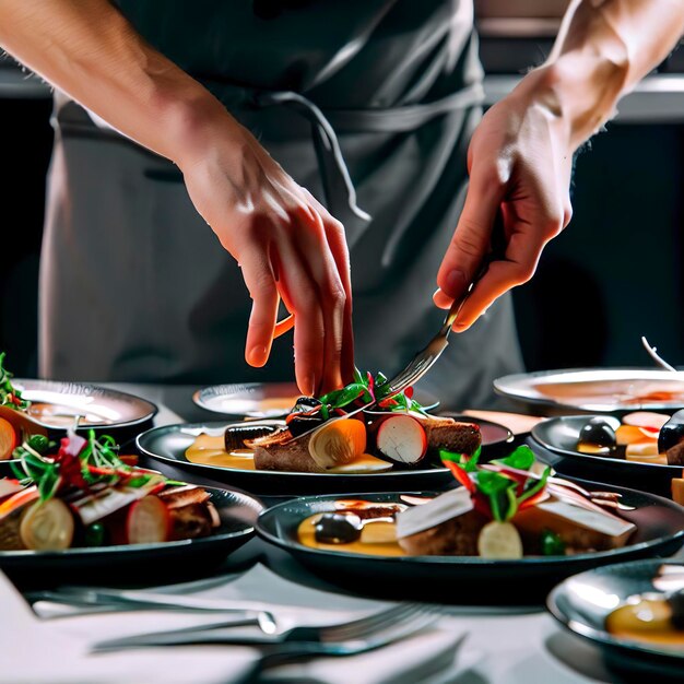 Styliste alimentaire moderne décorant un repas pour la présentation dans un restaurant Vue rapprochée de la nourriture servie dans un restaurant élégant