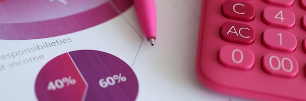 Stylo à bille rose et calculatrice allongés sur des documents avec des graphiques en gros plan