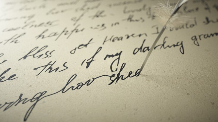 Photo le stylo à encre de rendu 3d écrit de la poésie sur du vieux papier