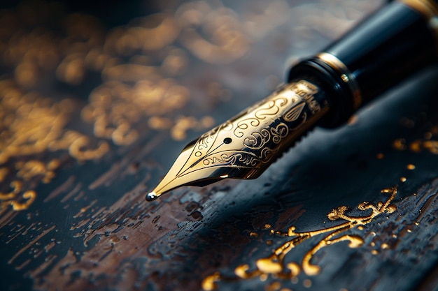 Photo un stylo est assis sur une table avec des accents en or et en or