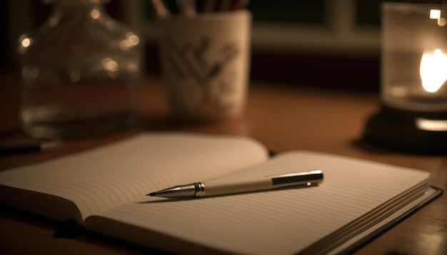 Un stylo est sur un cahier sur un bureau avec une tasse de stylos en arrière-plan.