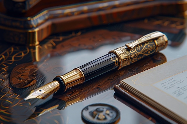 Photo un stylo est posé sur une table avec un stylo doré et noir