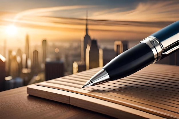 Un stylo est sur une table en bois avec le paysage urbain en arrière-plan.