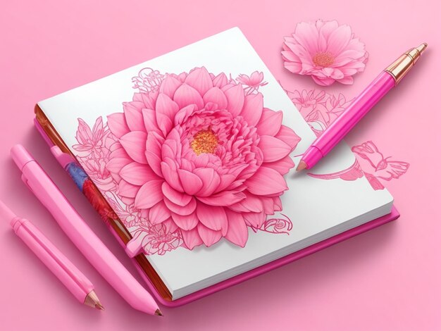 Photo stylo et livre en forme de fleur rose avec logo