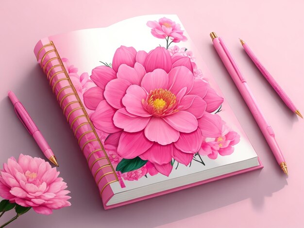 Photo stylo et livre en forme de fleur rose avec logo