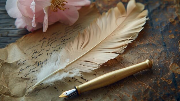 Photo un stylo à plumes et une fleur rose sur un vieux papier.