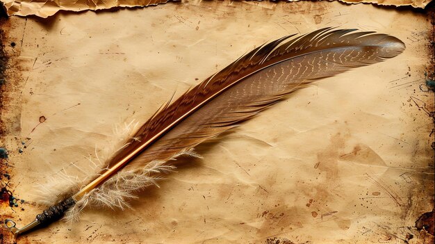 Photo un stylo à plumes repose sur un fond de papier texturé la plume est brune et blanche et le papier est jaunissant avec l'âge