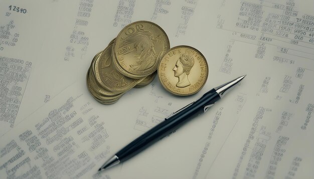 Photo un stylo et un stylo sont sur une table avec un stylo et des pièces d'or