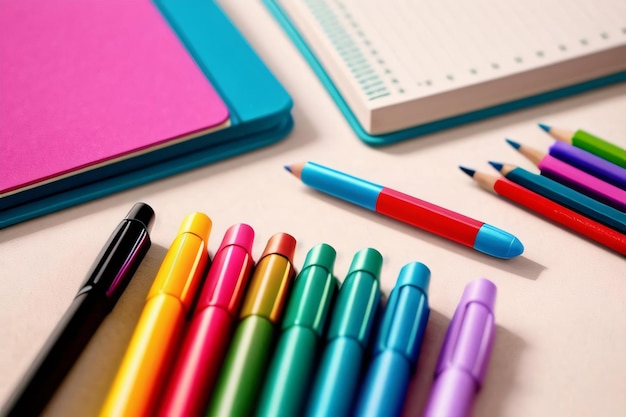 Des stylos de couleur se trouvent sur la table à côté du cahier