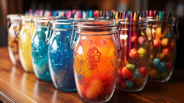 Photo des stylos à gel colorés et des marqueurs dans du papier peint transparent