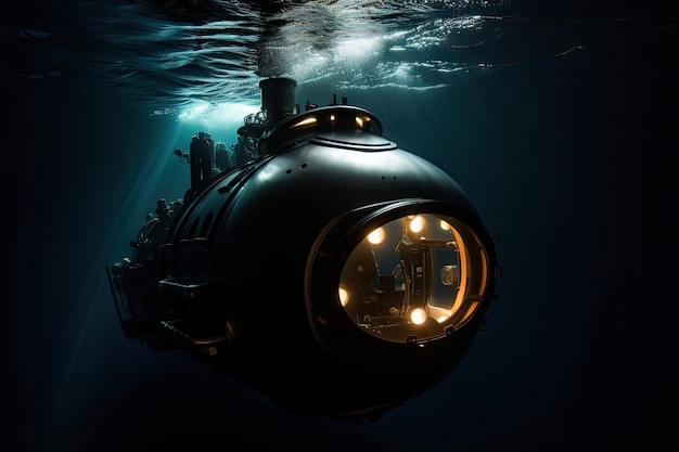 Le submersible descend dans l'abîme sombre illuminant les eaux avec ses lumières créées avec une IA générative