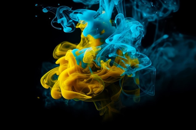 Substance bleue et jaune flottant dans l'air avec de la fumée qui en sort AI générative