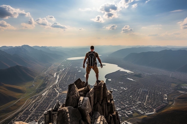 Succès du sommet debout sur un paysage urbain de sommet de montagne