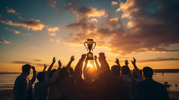 Succès du travail d'équipe réalisation commune de l'objectif dans les affaires et la vie L'équipe gagnante tient le trophée entre les mains Silhouettes de nombreuses mains au coucher du soleil