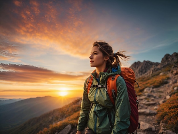 Succès femme randonneur randonnée sur le sommet de la montagne lever du soleil Jeune femme avec sac à dos monter à la montagne