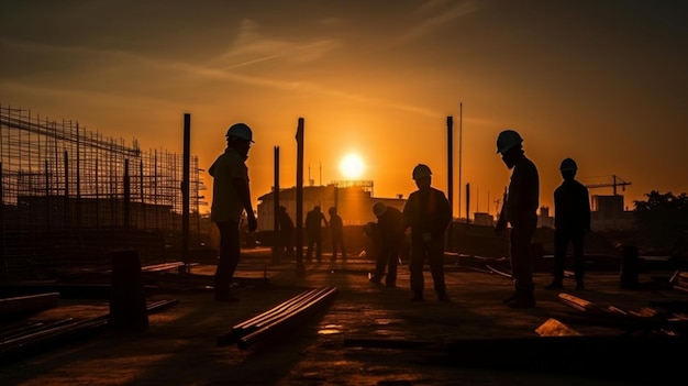 Succès de la silhouette Équipe de construction sur le site du coucher du soleil