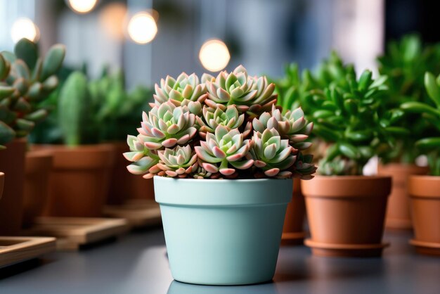 Photo succulent dans un pot de couleur menthe sur la table dans le placard