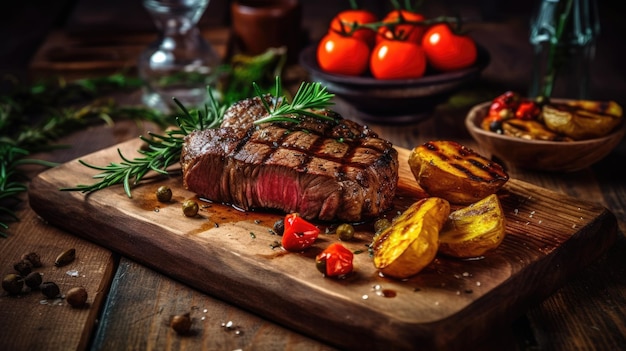 Succulentes portions juteuses et épaisses de steak de filet grillé avec pommes de terre et tomates