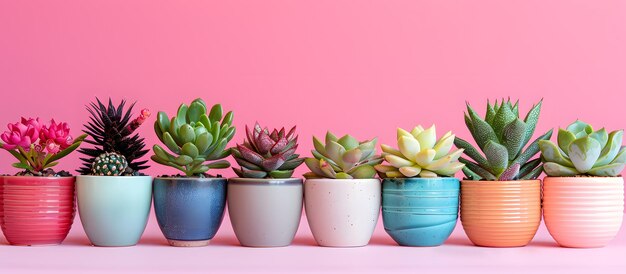 Des succulentes en pot colorées sur un fond rose décor parfait pour les plantes d'intérieur